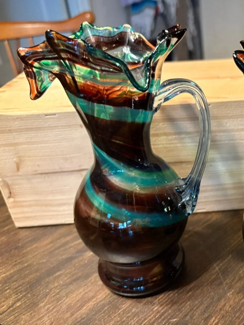 Vintage Pair of Hand-Blown Art Glass Swirl Pitchers